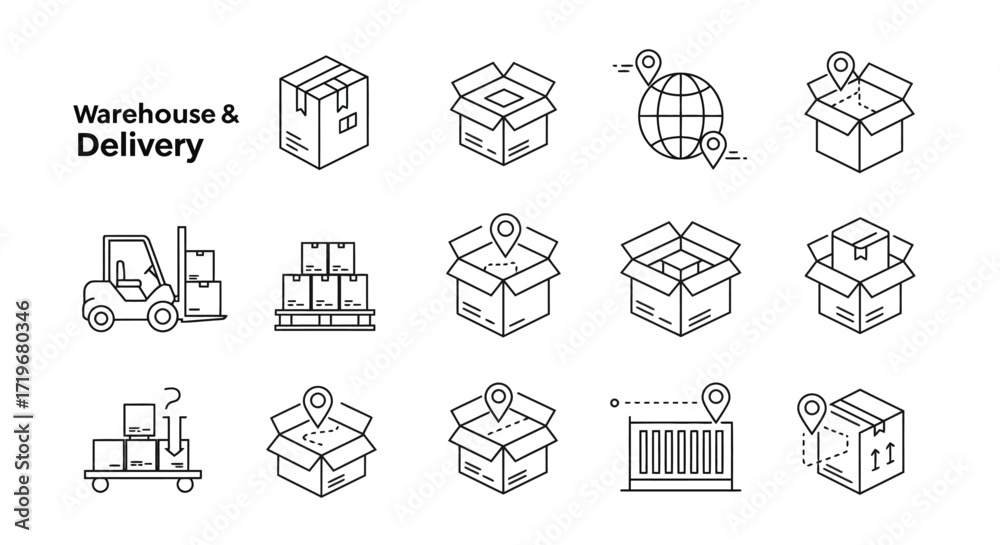 Fototapeta premium Warehouse Operations and Courier Services Glyphs