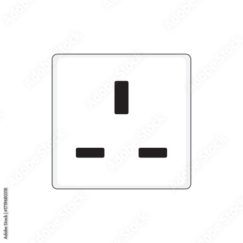 Type G electrical socket outlet vector with three rectangular prongs in triangular layout, widely used in UK, Ireland, Malta, Malaysia, and Singapore. Ideal for technical design and educational use.