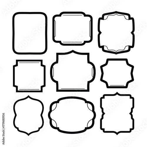 Nine Decorative Black Outlined Frames and Borders on White Background ornate vintage