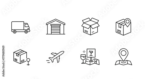 Global Freight and E-commerce Outline Icons