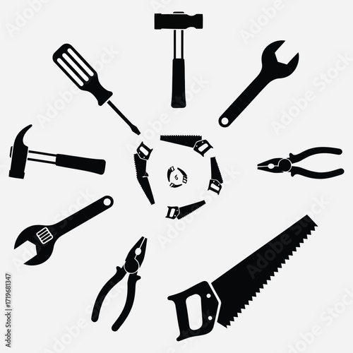 A collection of various black silhouette tools arranged in a circular pattern on a white background
