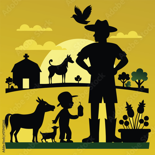 Silhouette of a farmer with a child and farm animals including a goat and a dog in a rural landscape with a barn and a bird flying overhead