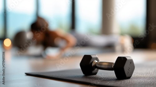 Dumbbell Rests on a Yoga Mat in a Sunny Home Gym, with a Woman Performing Push ups in the Soft focused Background, Emphasizing Fitness and a Healthy Lifestyle