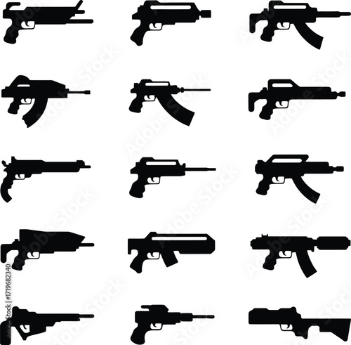 Vector art of a collection of black silhouette machine gun icons, showcasing various designs and styles of weaponry for military or gaming themes