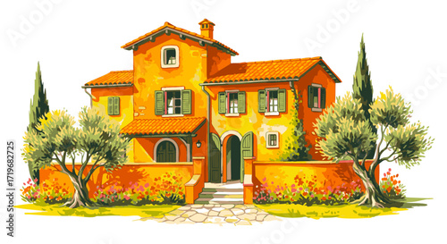 Mediterranean style house with trees and garden viewed from the front entrance pathway 1593.eps illustration