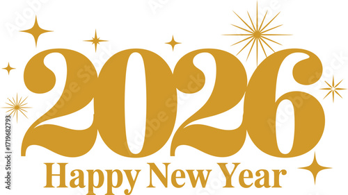 Golden '2026' with sparkling stars and 'Happy New Year' message, celebrating the upcoming year.