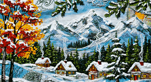 A serene winter landscape with snow-capped mountains, cottages, and vibrant foliage viewed from a distance in a picturesque scene like 1595.eps