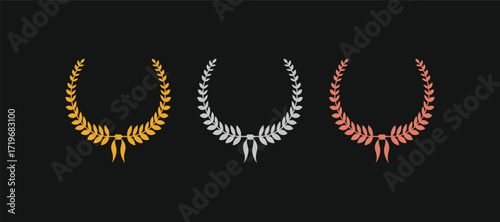 Laurel wreath award set. A vector collection with gold, silver, and bronze crowns for winners, perfect for first, second, and third-place achievements