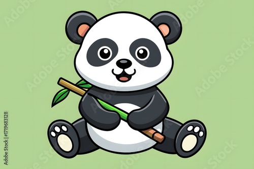 Cute Cartoon Baby Panda Sitting with Bamboo on Soft Green Background Illustration