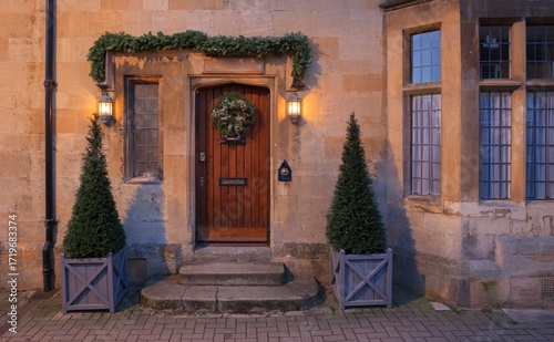 Cottage facade at Christmas, Chipping Campden at dawn, Gloucestershire, England