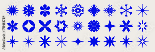 Abstract snowflake icon set, vector hand drawn y2k minimal star print, winter holiday snow emblem. Futuristic brutal New Year Christmas logotype, modern ornamental forms. Snowflake crystal icon sign