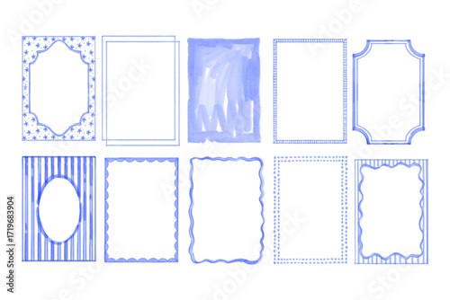 Watercolor frame set, vector hand drawn coastal minimal border, doodle rectangle marine empty banner. Vintage abstract elegant blue decor, holiday anniversary design print. Watercolor wavy blank frame