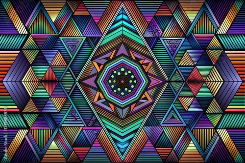 Vibrant Geometric Mandala Abstract with Triangles, Diamonds, and Iridescent Psychedelic Colours