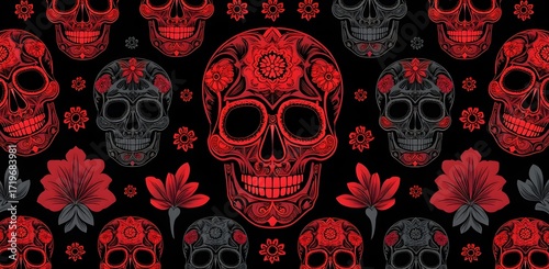 Vibrant Sugar Skull Pattern with Red and Dark Gray Skulls and Floral Gothic Decorations on Black Background