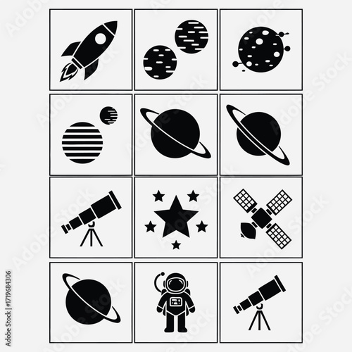Astronomy Icons Set Space, Planets, Astronauts and Telescopes in Black and White