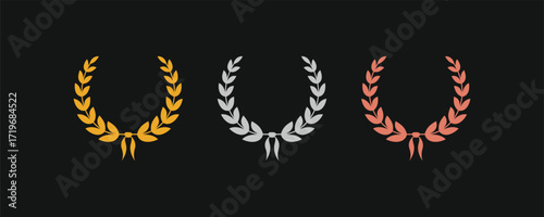 Laurel wreath award set with gold, silver, and bronze colors. A vector collection for winners, perfect for first, second, and third place achievements