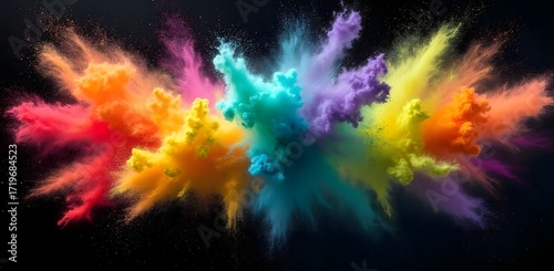 Vibrant Colourful Powder Explosion on Dark Background with Dynamic Swirls and Energy Burst