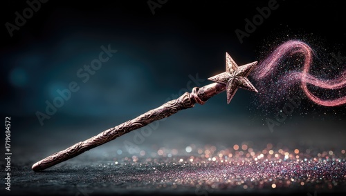 A detailed, ornate magic wand, a star-shaped tip, and swirling pink glitter dust, create a magical and enchanting scene.