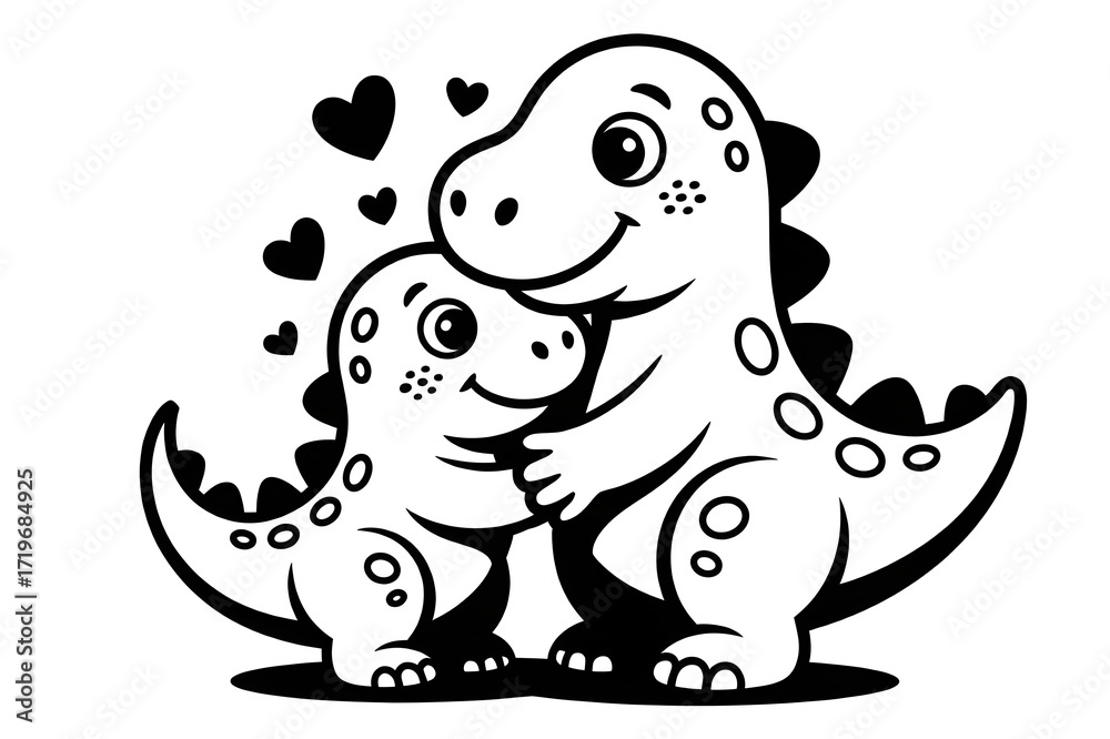 Obraz premium A charming black and white illustration of two cute dinosaurs hugging, surrounded by hearts, symbolizing love and affection