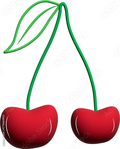 Two Red Cherries With Green Stems And Leaf On White Background cherry fruit isolated on a transparent background
