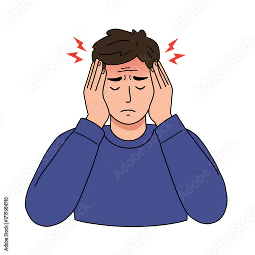 Man with headache holding head cartoon medical illustration