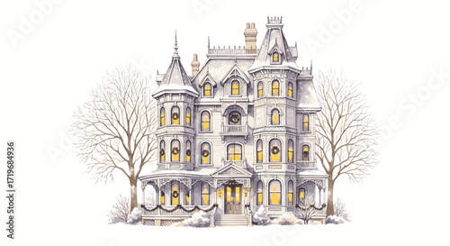 A majestic mansion illustration with snow-covered trees, windows aglow, and intricate architecture, seen from a distant viewpoint.
