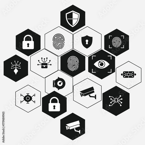 Digital security concept with interconnected icons representing data protection, cyber defense, surveillance, and access control in a technological network visualization