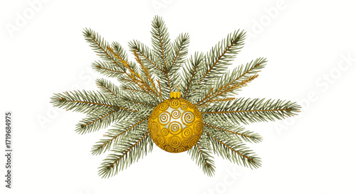 A golden ornament surrounded by pine branches, isolated on a clean background, viewed from directly above, capturing the festive atmosphere of 1599.eps