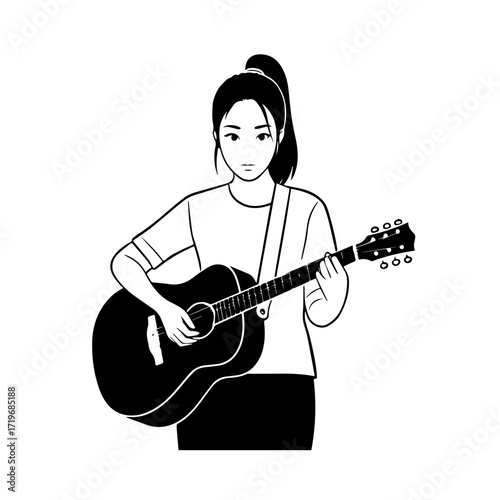 Black and white line art of a cool woman playing guitar in casual outfit minimalist stylish illustration
