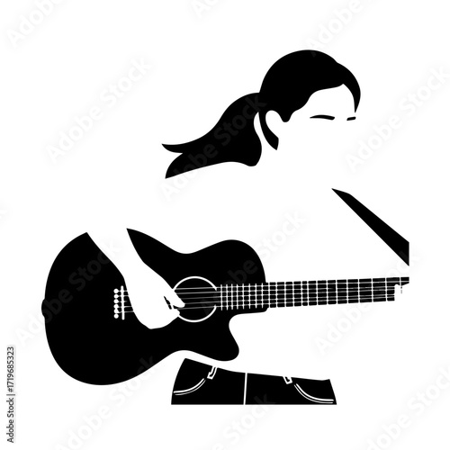 Black and white line art of a cool woman playing guitar in casual outfit minimalist stylish illustration