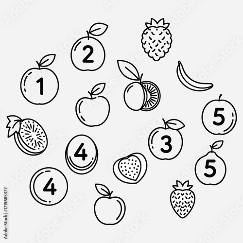 Educational Outline of Fruits with Numbers for Learning and Counting, Suitable for Kids