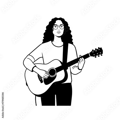 Black and white line art of a cool woman playing guitar in casual outfit minimalist stylish illustration