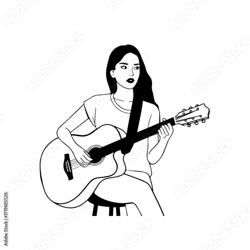 Black and white line art of a cool woman playing guitar in casual outfit minimalist stylish illustration