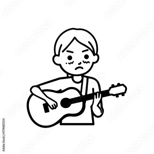 Black and white line art of a cool woman playing guitar in casual outfit minimalist stylish illustration