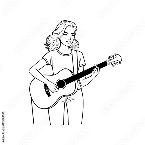 Black and white line art of a cool woman playing guitar in casual outfit minimalist stylish illustration