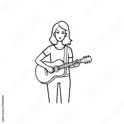Black and white line art of a cool woman playing guitar in casual outfit minimalist stylish illustration