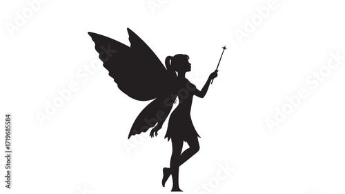 Fairy silhouette with magic wand Fantasy character design Black and white illustration Isolated on white backg