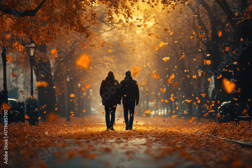 people walking down a fall path.