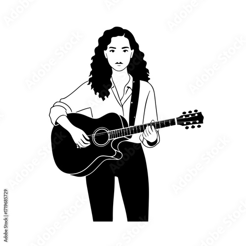 Black and white line art of a cool woman playing guitar in casual outfit minimalist stylish illustration