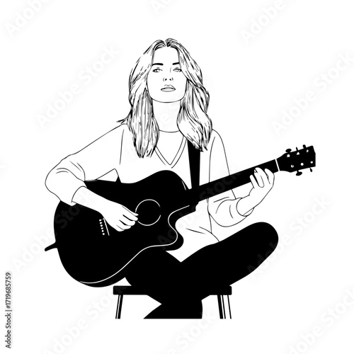 Black and white line art of a cool woman playing guitar in casual outfit minimalist stylish illustration