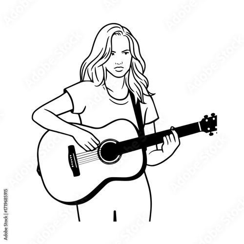 Black and white line art of a cool woman playing guitar in casual outfit minimalist stylish illustration