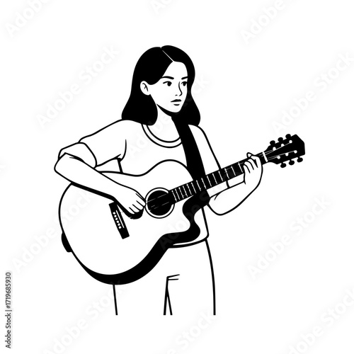 Black and white line art of a cool woman playing guitar in casual outfit minimalist stylish illustration