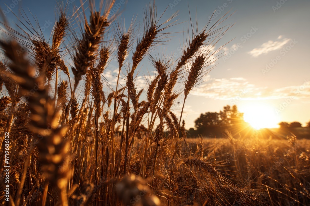 Fototapeta premium Golden Wheat Field at Sunrise with Clear Blue Sky and Warm Sunlight.