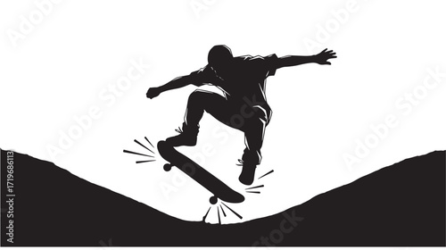 Skateboarder silhouette performing an ollie trick Extreme sports action Vector illustration Isolated on white 
