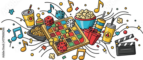 Vector art of hand drawn illustration of board game night with snacks