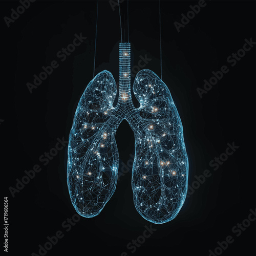 Illuminated wireframe lung sculptures suspended in a minimalist space, symbolizing art and science fusion. , vector style simple color