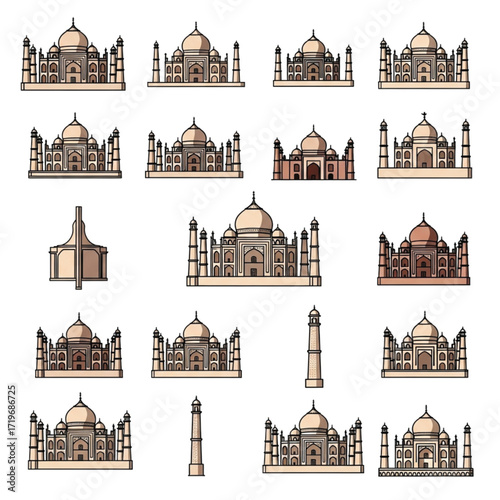 Taj Mahal Vector Icons Architectural Landmarks Indian Heritage Cultural Symbols.