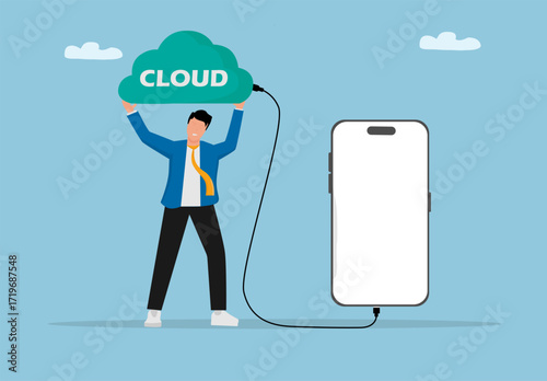 Businessman Connecting Smartphone to Cloud Storage Data Transfer Digital Technology Illustration