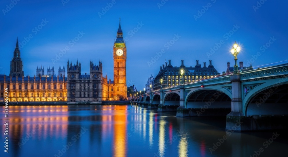 Fototapeta premium Nighttime View of Big Ben and Westminster Bridge with Illuminated Historic Buildings in London