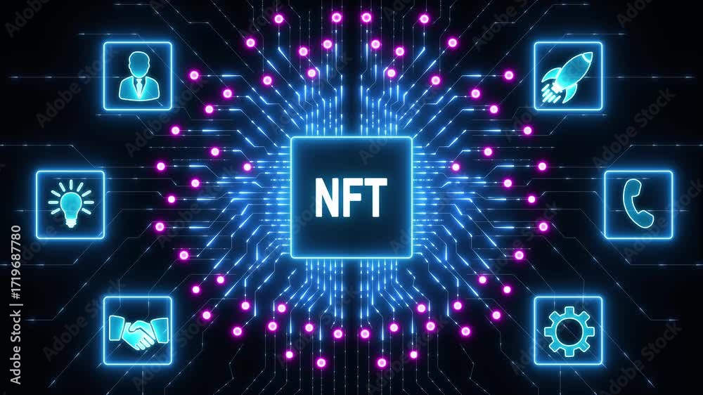 NFT Non-fungible token digital crypto on virtual screen. glowing animation.circuit chip line blue on main board. for futuristic technology design transparent background.